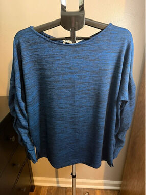 Weekend Suzanne Betro XL Blue Black Marled Ruched Sleeve Lightweight Sweater Top